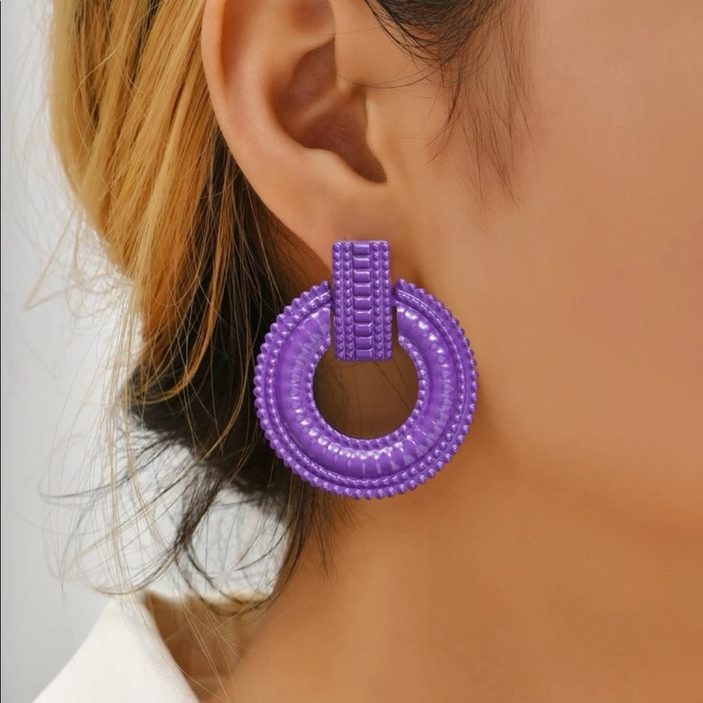 NWT Boutique Purple Knocker Metal Geometric Bold Statement Earrings | Mid Centur